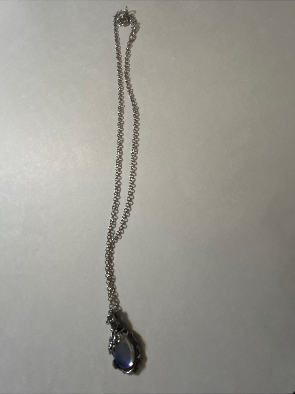 Vintage Antiqued Silver Opalite Moonstone Wire Wrap Pendant Necklace